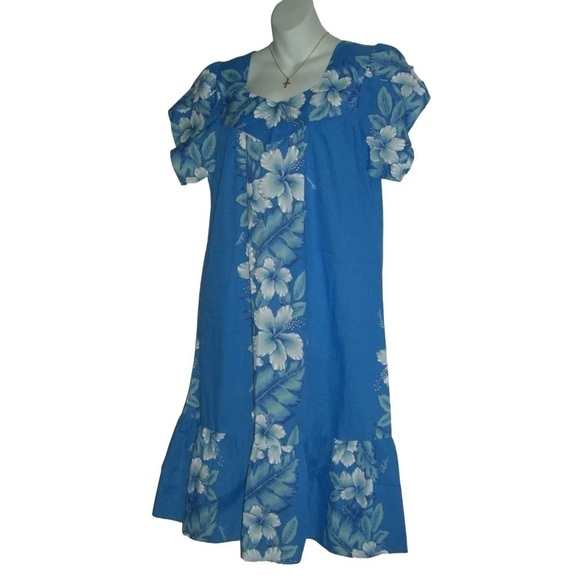 Vintage 80's Kalena Fashions Of Hawaii Dress Flower Blue MuMu Hibiscus Vacation - Picture 4 of 14